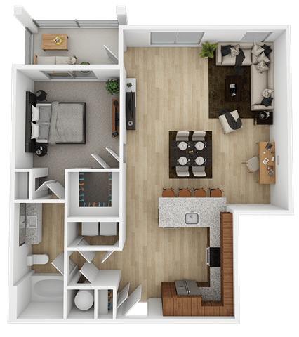Floor plan for 1 bed, 1 bath, 846 sqft